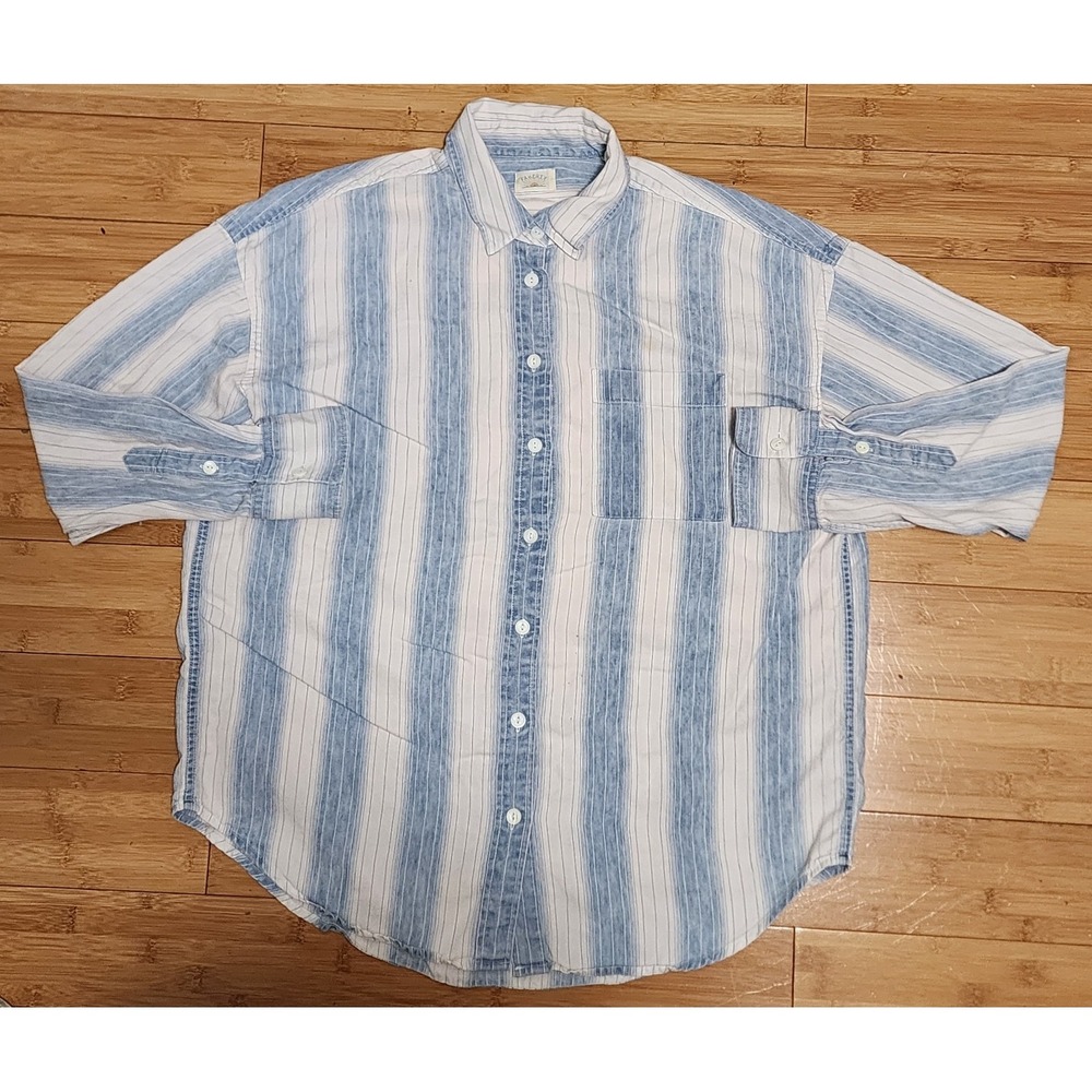 Faherty Mens Medium Indigo Dyed Linen Blend Button Down Shirt Blue Stripes Beach